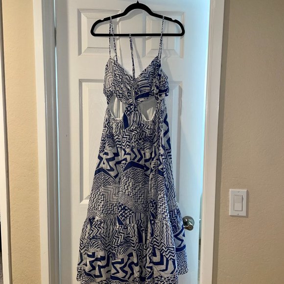 Blue and White Printed Cutout Halter Midi Dress - Aqua Bloomingdales LARGE - Picture 6 of 7